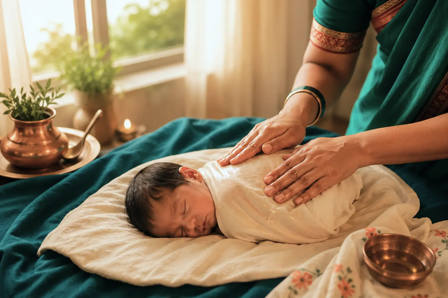 A Nani's Touch caregiver giving a newborn a gentle oil massage in warm morning light at home, with copper oil vessels beside her.