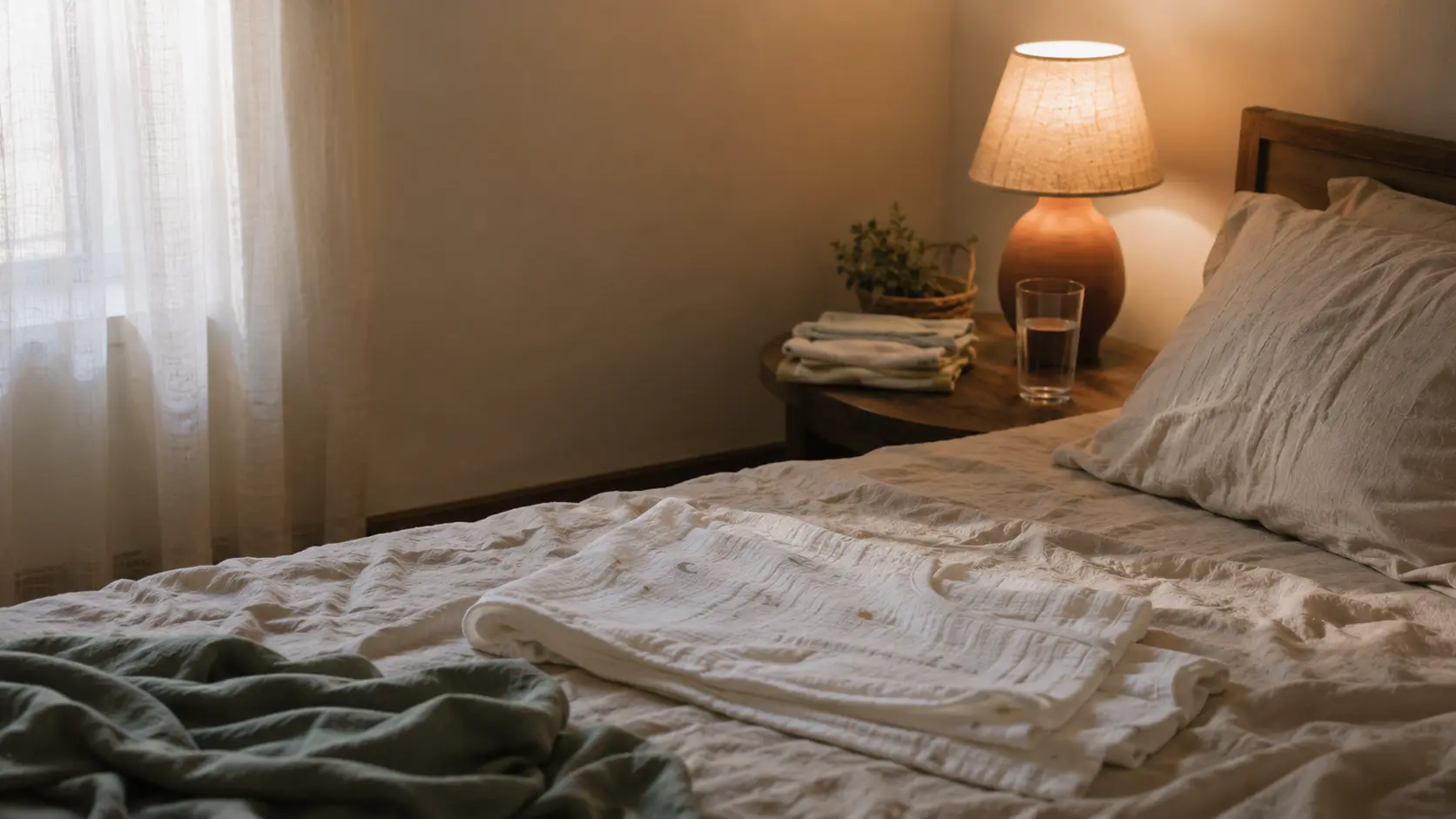 An early-morning bedroom in the first week home — rumpled cream bedding, a folded muslin swaddle, a half-drunk glass of water and a warm lamp still on
