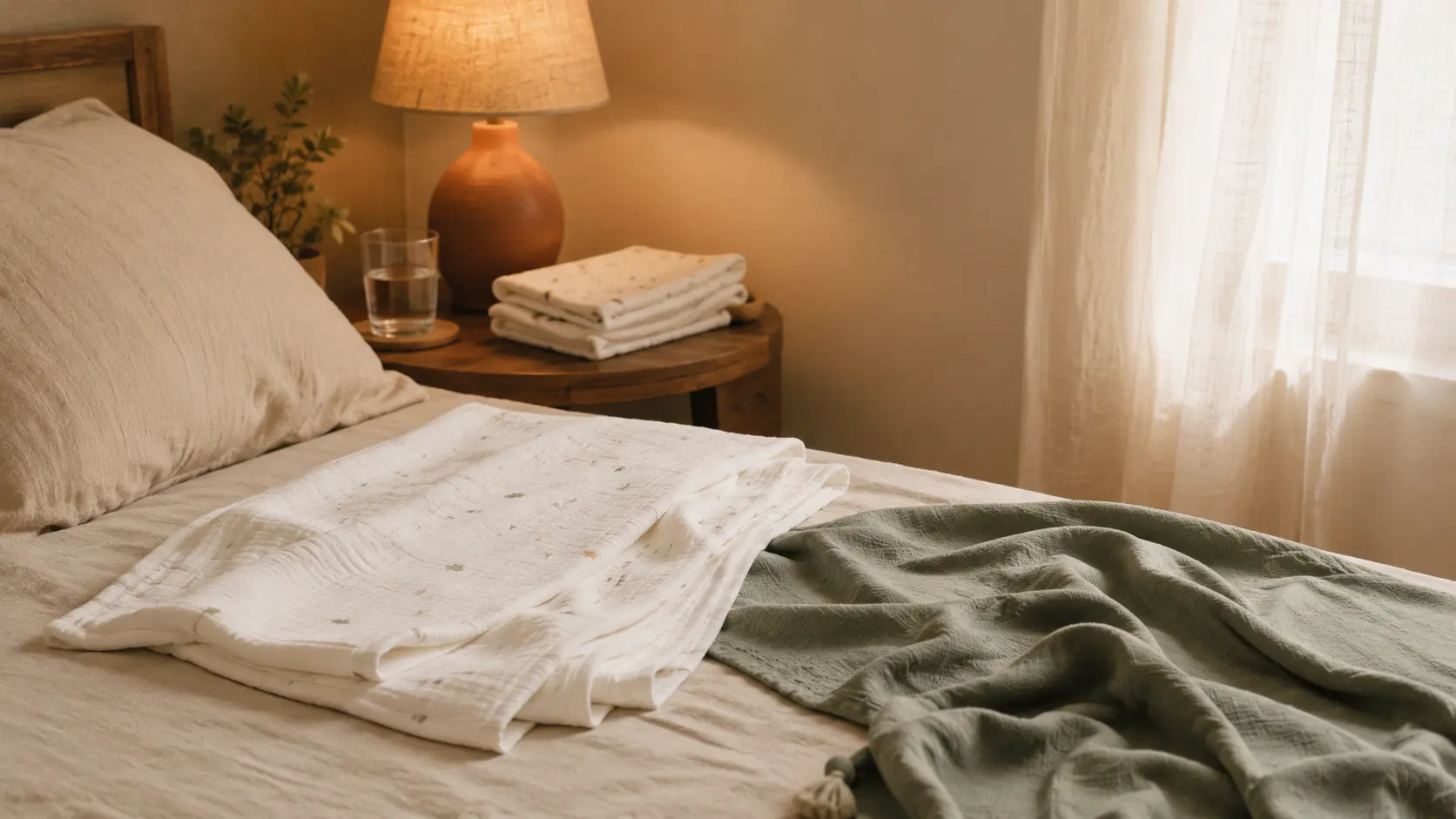 A quiet room set up for a newborn's first weeks — a swaddled blanket folded on a bed, a soft lamp, muslin cloths and a glass of water on a side table