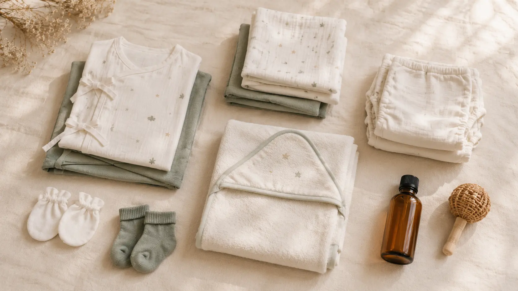 Newborn essentials laid out before delivery — folded cotton jhablas, muslin cloths, a stack of nappies, a soft towel and a bottle of oil on a cream surface