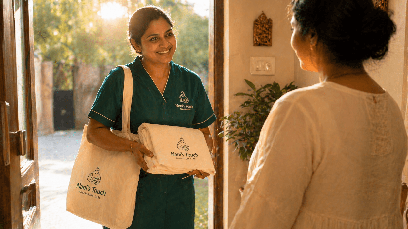 Professional caregiver arriving at home