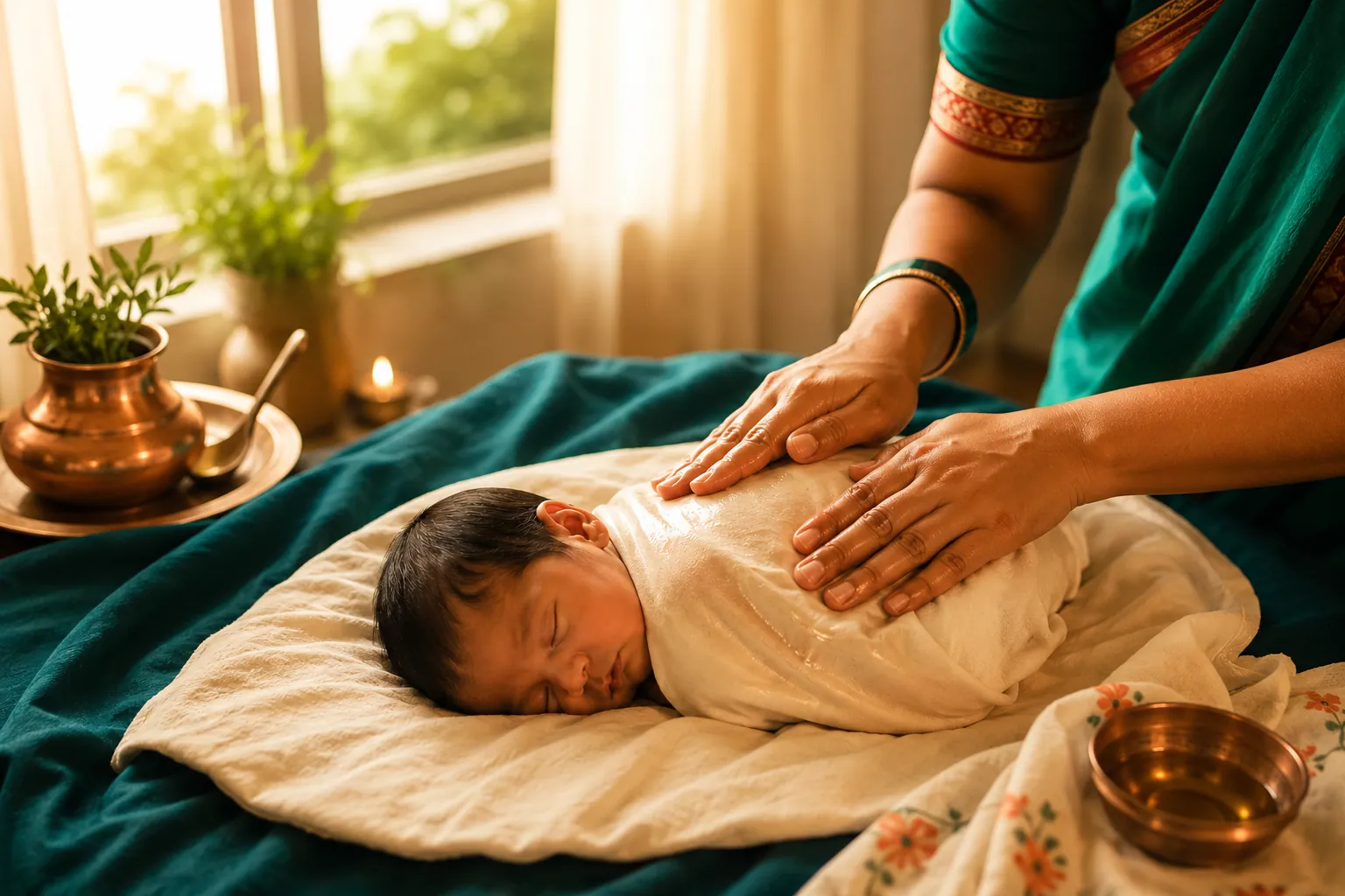 A Nani's Touch caregiver giving a newborn a gentle oil massage in warm morning light at home, with copper oil vessels beside her.