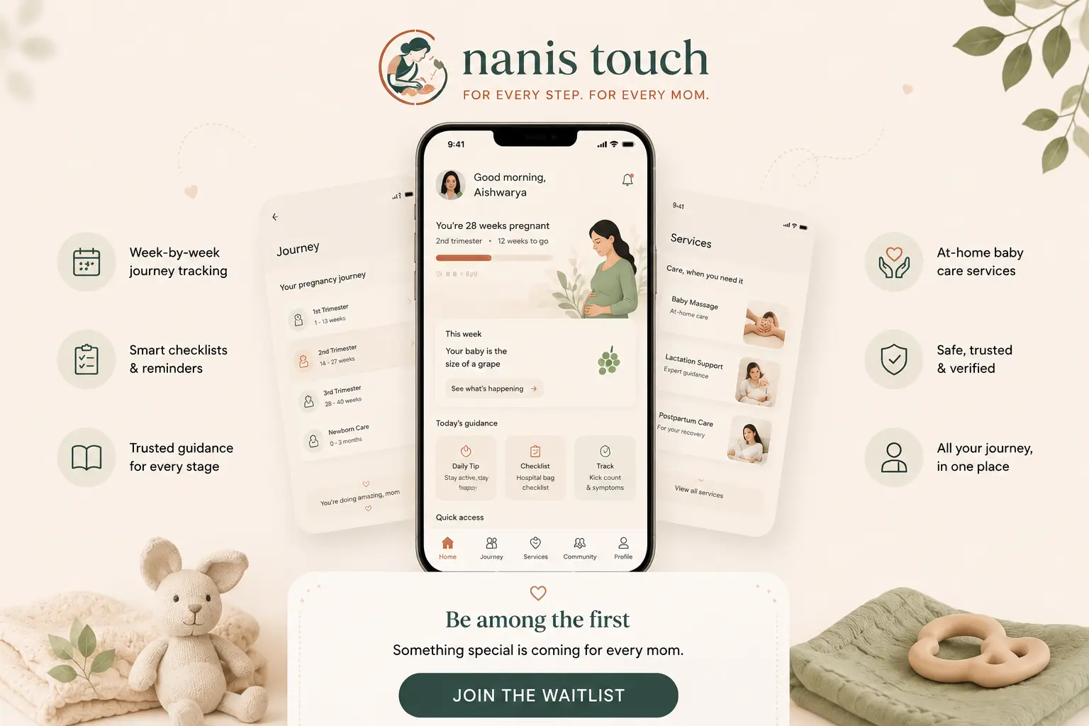 The Nani's Touch app on a phone — a week-by-week pregnancy journey, today's guidance, and at-home care services