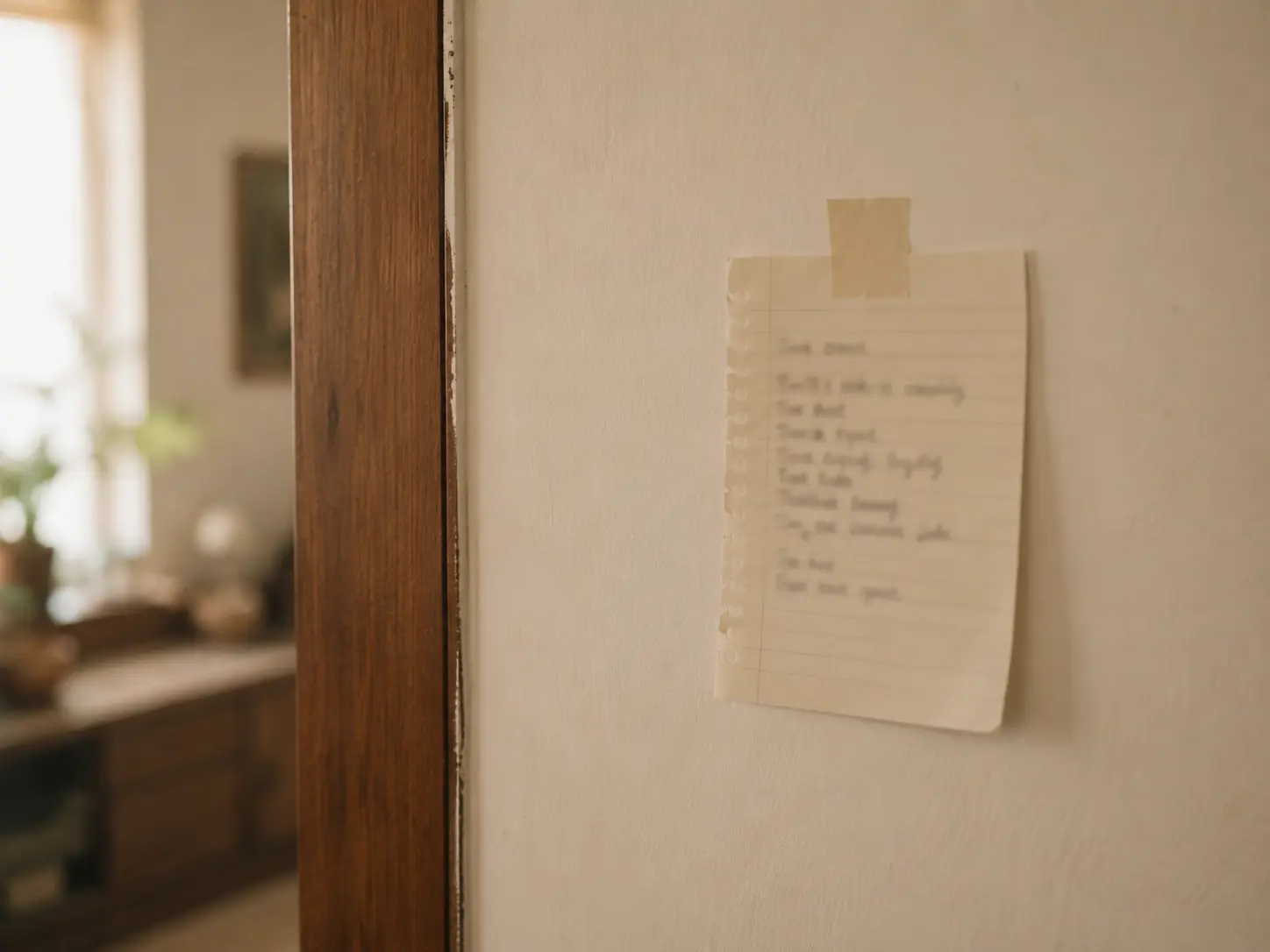 A handwritten list on a torn notepad page, taped slightly crooked to a wall beside a wooden doorway in warm daylight