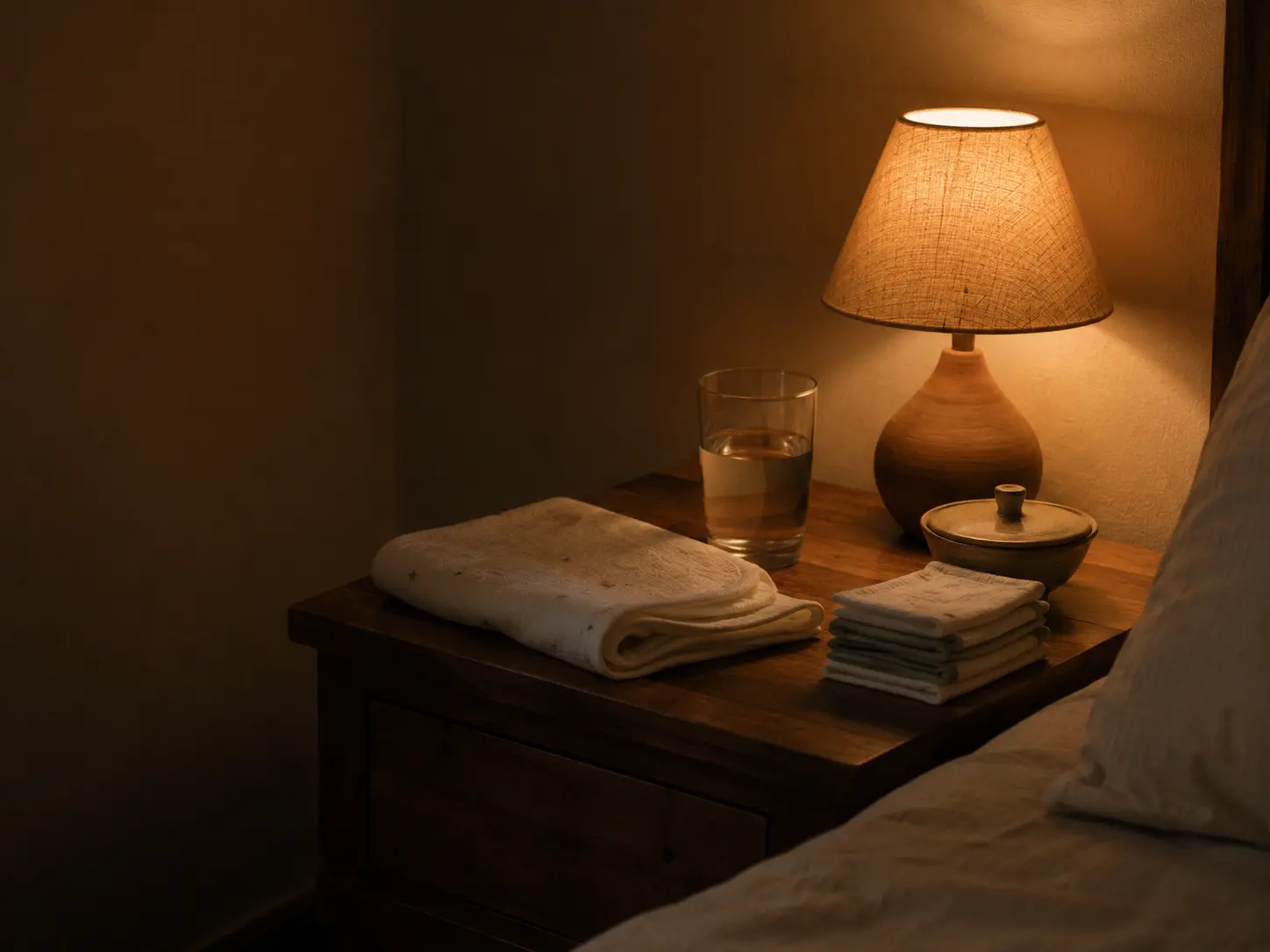 A bedside table set up for night feeds — a small lamp turned low, a folded muslin cloth, a glass of water and a stack of clean cotton squares