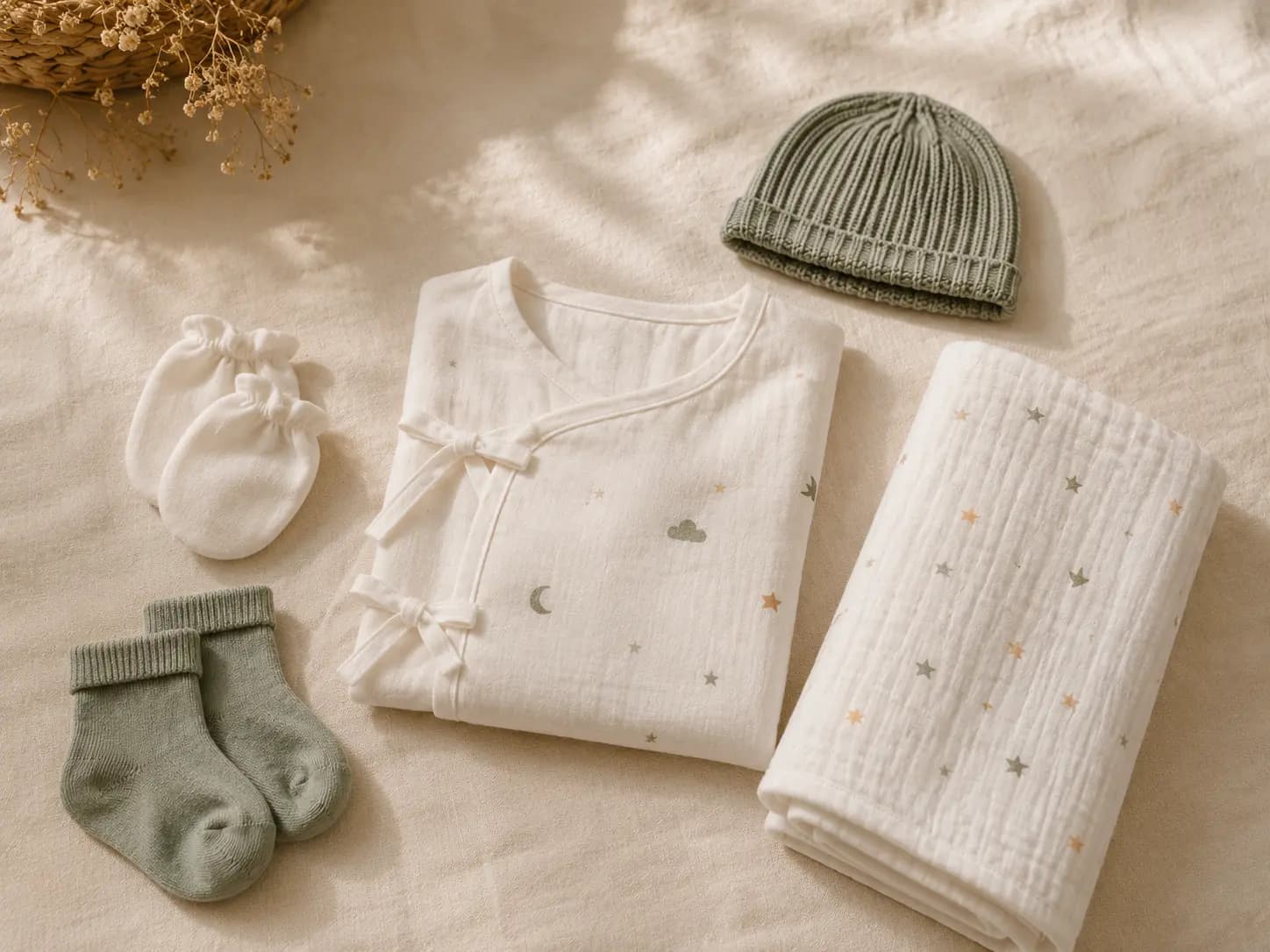 Newborn clothes laid out for the journey home — a folded cotton jhabla, mittens, a soft cap, socks and a muslin swaddle on a cream surface