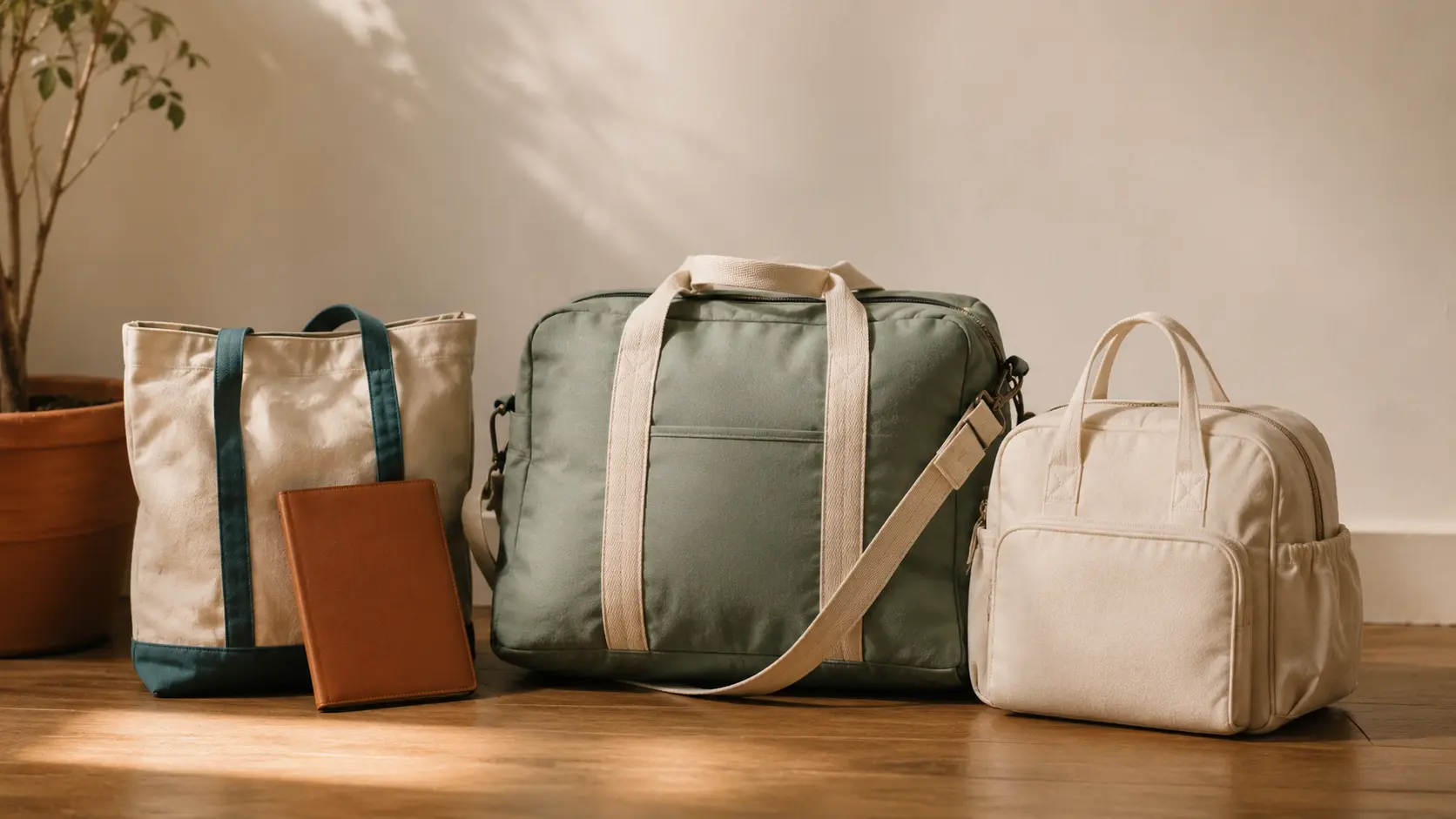 Three packed bags of different sizes standing together — a small tote for labour, a larger holdall for the ward, and a compact bag for the baby — with a document folder resting against them
