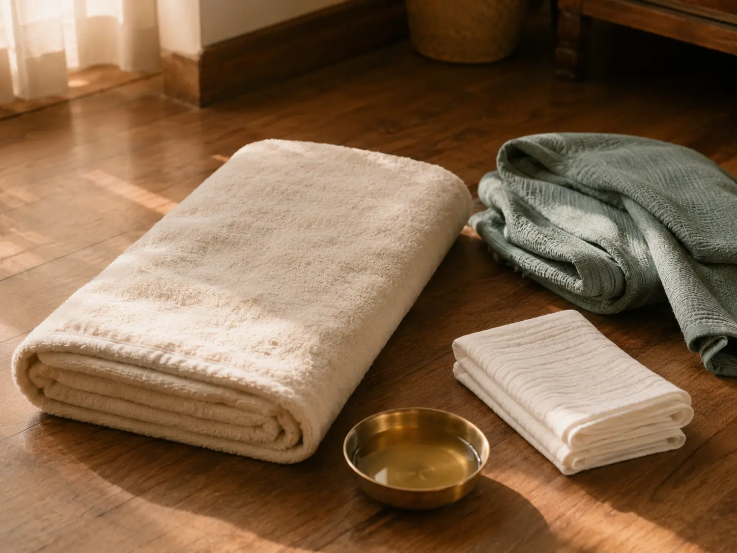 A warm room set up for a newborn's oil massage — a folded cotton towel on the floor, a small bowl of oil and a soft muslin cloth in afternoon light