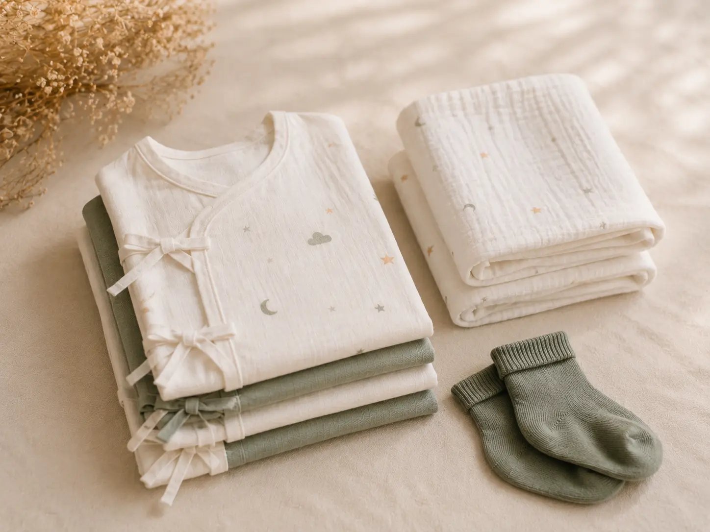 A folded stack of newborn cotton jhablas with side ties, beside muslin cloths and a pair of tiny socks